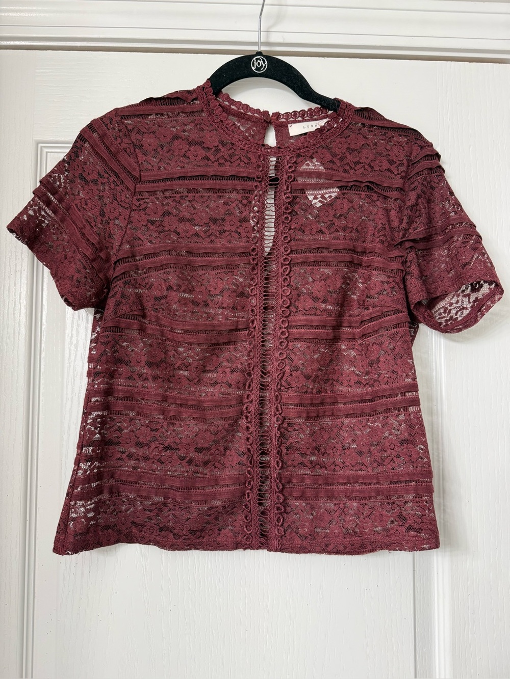 Lush Burgundy Lace Short Sleeve Button-Front Top